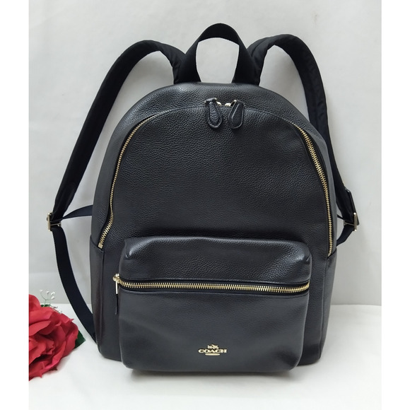 Coach Black Pebbled Leather Zipper Pocket Top Handle Backpack